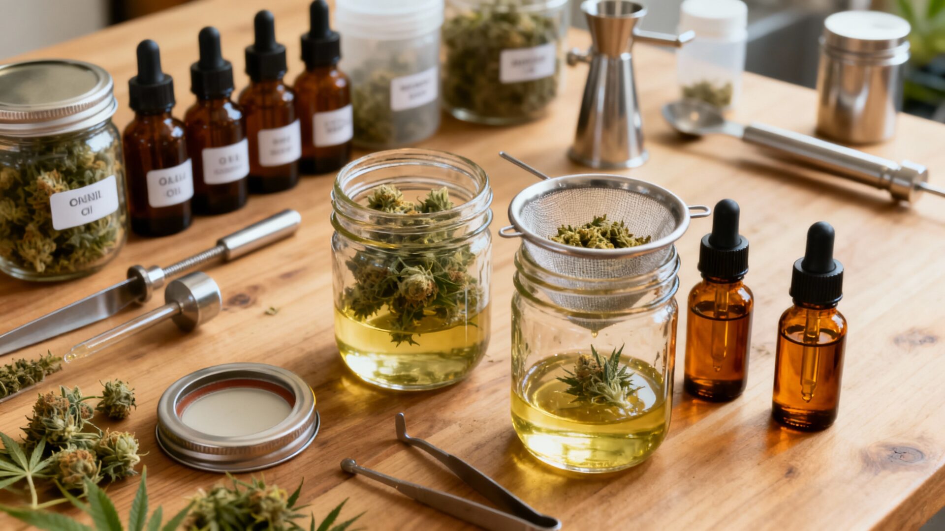 Proceso de extracción casera de resina y aceite CBD con flores y frascos de aceite